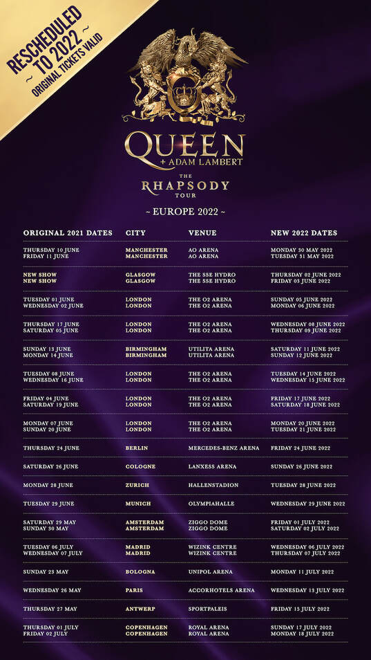 Rhapsody Tour dei Queen+ Adam Lambert in Europa, rinvio al 2022